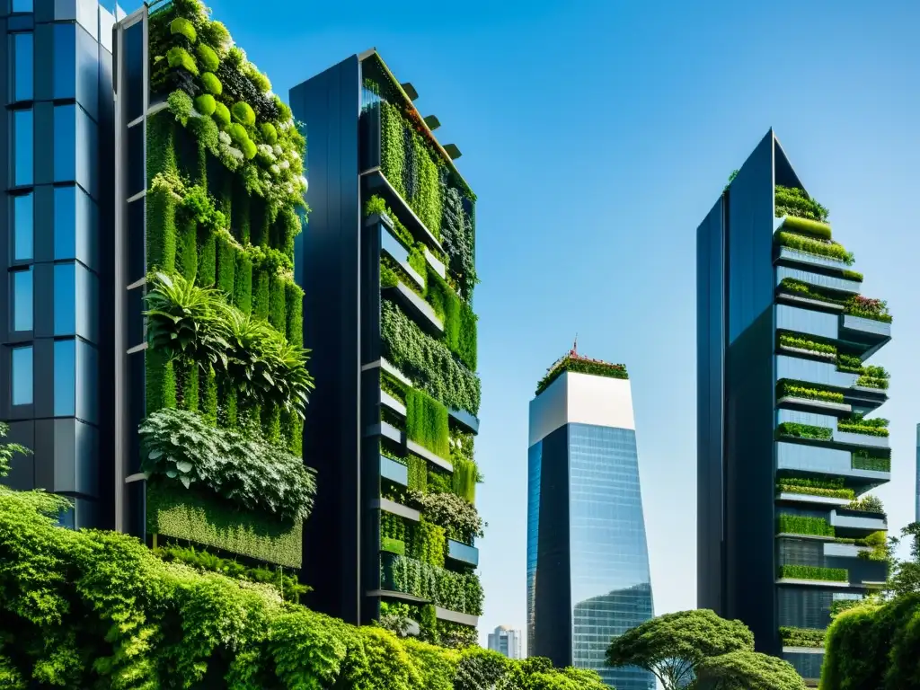 Espectacular ciudad moderna con rascacielos y jardines verticales, diseño urbano sostenible en armonía con la naturaleza