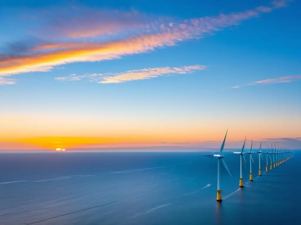 Espectacular granja eólica offshore con molinos majestuosos en un vibrante atardecer