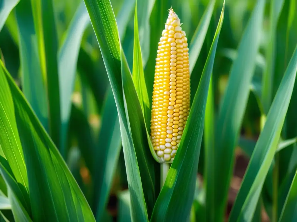 Una espiga de maíz brillante y detallada en un campo soleado