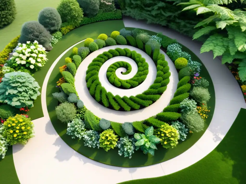 Un jardín en espiral con plantas exuberantes y coloridas, diseñado para espacios pequeños