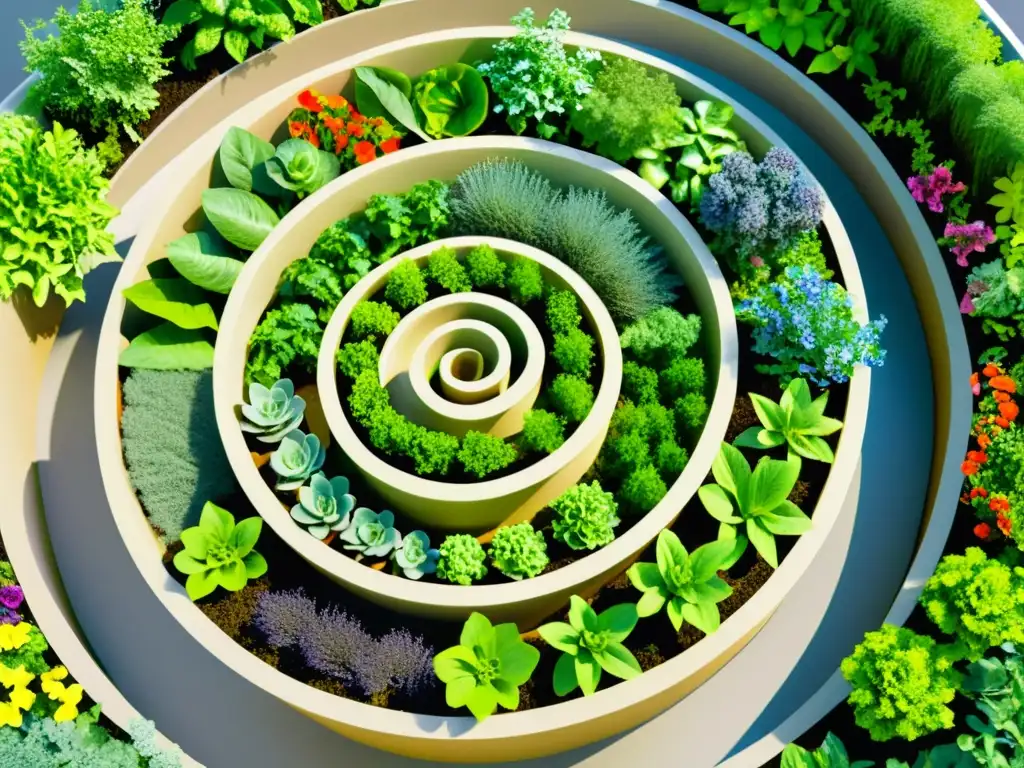 Un jardín en espiral vibrante y exuberante con variedad de vegetales, hierbas y flores