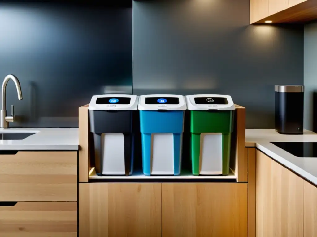 Estación de reciclaje moderna en cocina elegante Una estación de reciclaje moderna y elegante en una cocina hogareña, con compartimentos para separar residuos y diseño sofisticado