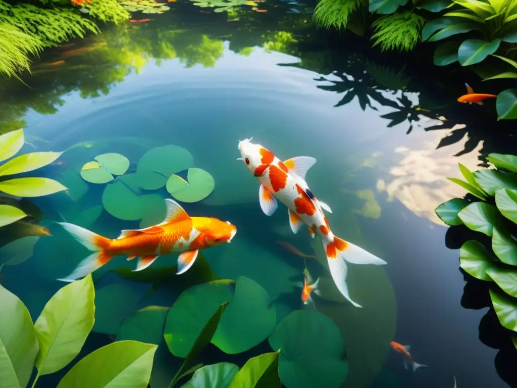 Un estanque cristalino rodeado de exuberante vegetación, con peces koi nadando en el agua