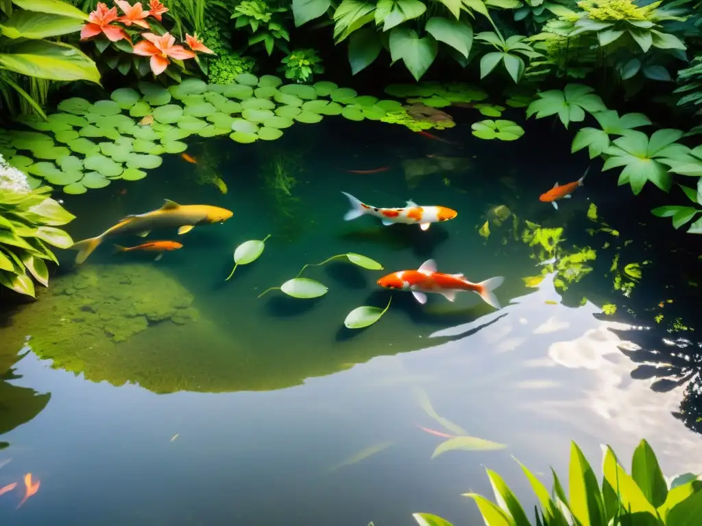 Estanque natural en un jardín sostenible, con aguas cristalinas, peces koi y exuberante vegetación, irradiando paz y armonía