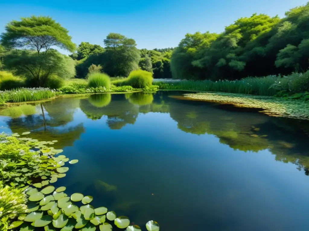 Un estanque natural en un jardín sostenible, reflejando la armonía de la naturaleza con aguas cristalinas y exuberante vegetación