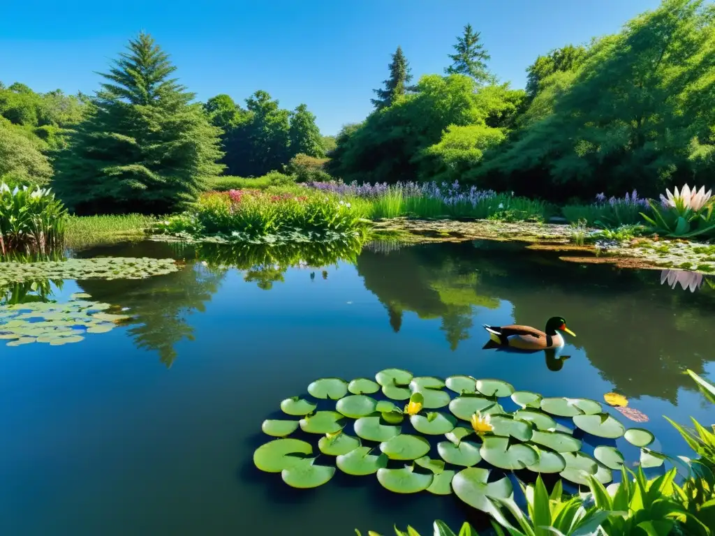 Estanque natural en un jardín sostenible, con patos, lirios y un muelle de madera, reflejando la calma y biodiversidad del ecosistema