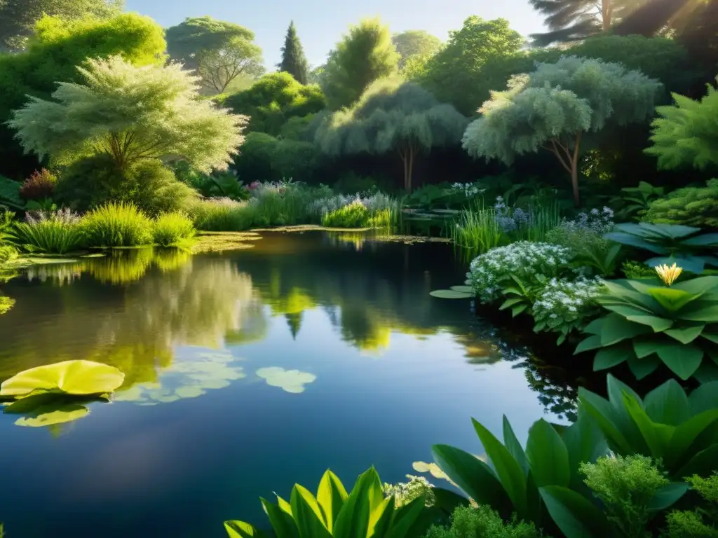 Estanque natural en un jardín sostenible con plantas acuáticas nativas y vida silvestre, bañado por la luz del sol entre las sombras del follaje