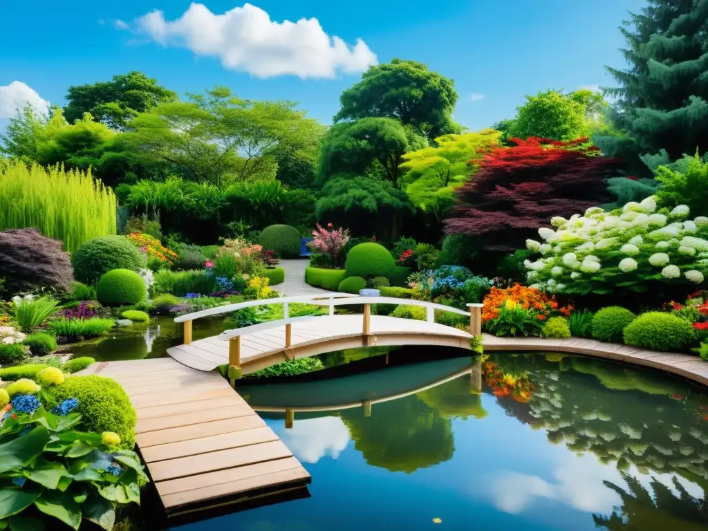 Estanque natural en un jardín sostenible rodeado de vegetación exuberante y flores coloridas, reflejando el cielo azul y nubes blancas