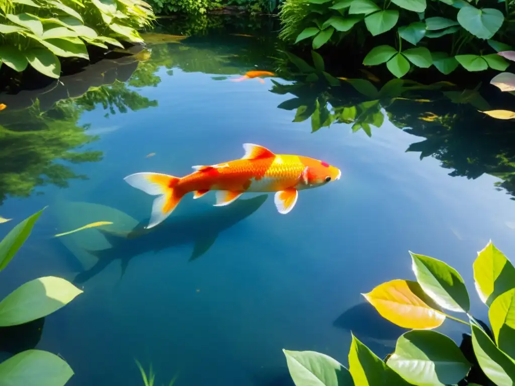 Un estanque natural en un jardín sostenible, rodeado de exuberante vegetación, con koi nadando en aguas tranquilas