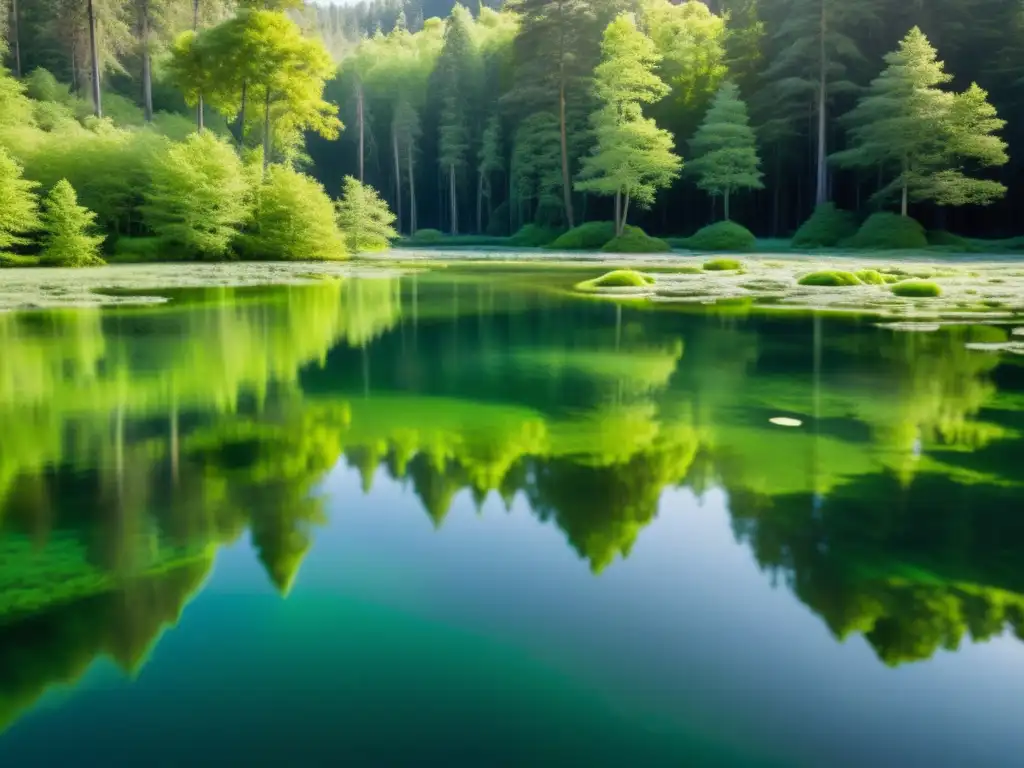 Un estanque sereno con algas verdes flotando bajo el agua, iluminado por el sol