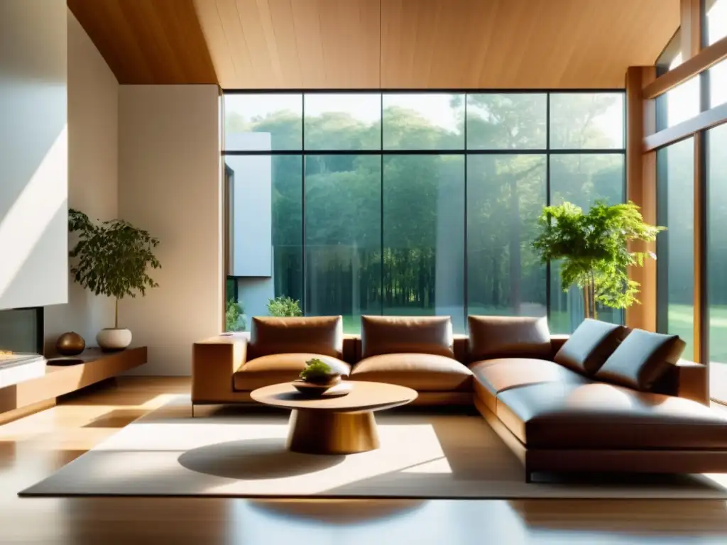 Salón minimalista bañado por luz solar natural Estrategias energía solar pasiva hogar: Sala de estar moderna, iluminada y tranquila, con muebles terrosos y luz natural