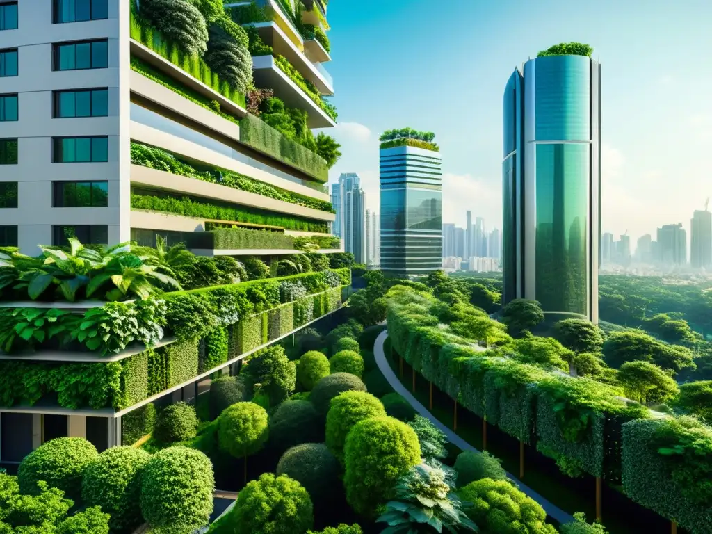 Estrategias de planificación urbana verde: ciudad moderna con abundante vegetación integrada en armonía con rascacielos y jardines verticales