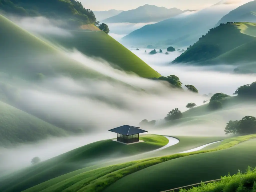 Una estructura elegante de captación de niebla entre paisaje montañoso exuberante