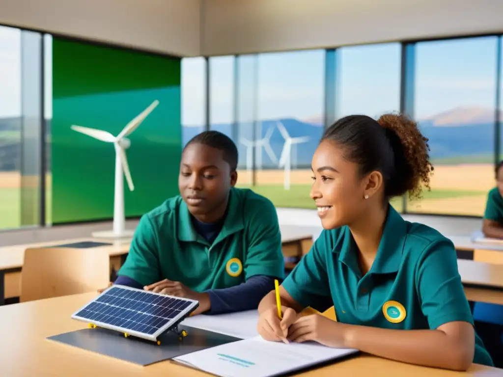 Estudiantes colaborando en actividad de energías renovables, integración en currículo escolar