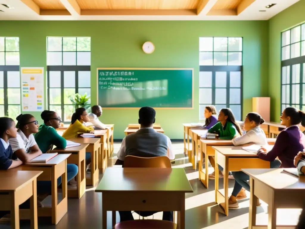 Estudiantes participando en una animada discusión en un aula con recursos didácticos para aulas sostenibles, rodeada de naturaleza y luz natural