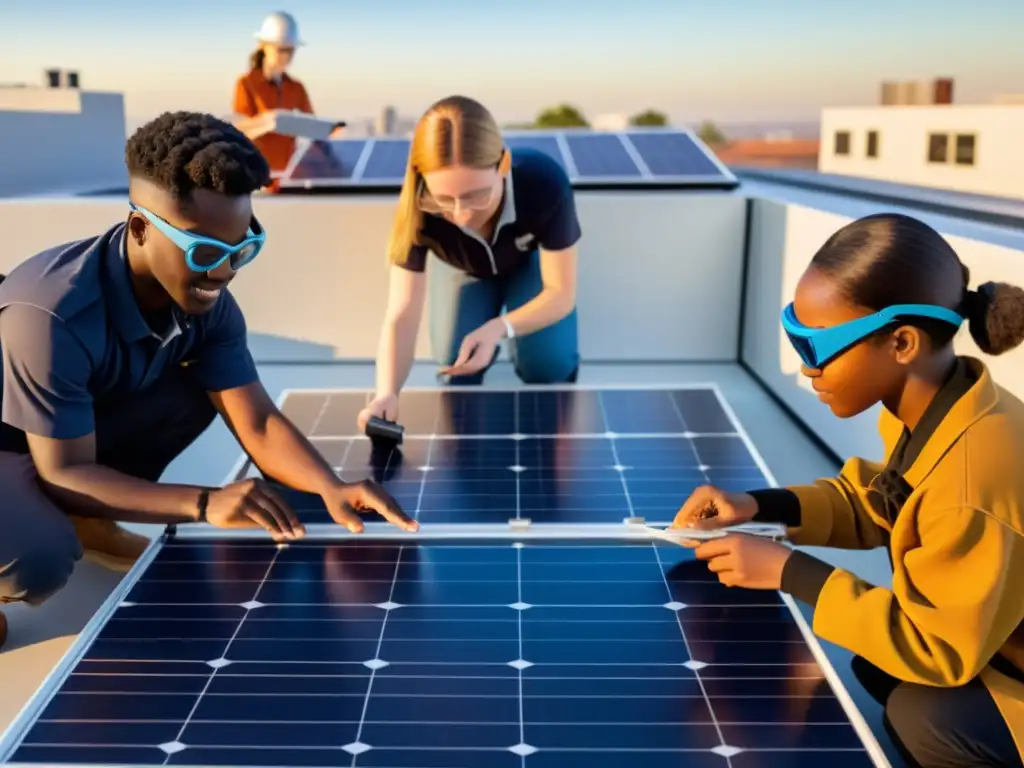 Estudiantes colaborativos ensamblando panel solar en la escuela