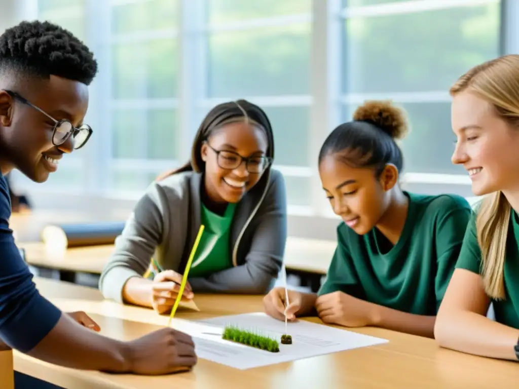 Estudiantes comprometidos en experimento de bioenergía sostenible en aula moderna, fomentando la educación en bioenergía sostenible