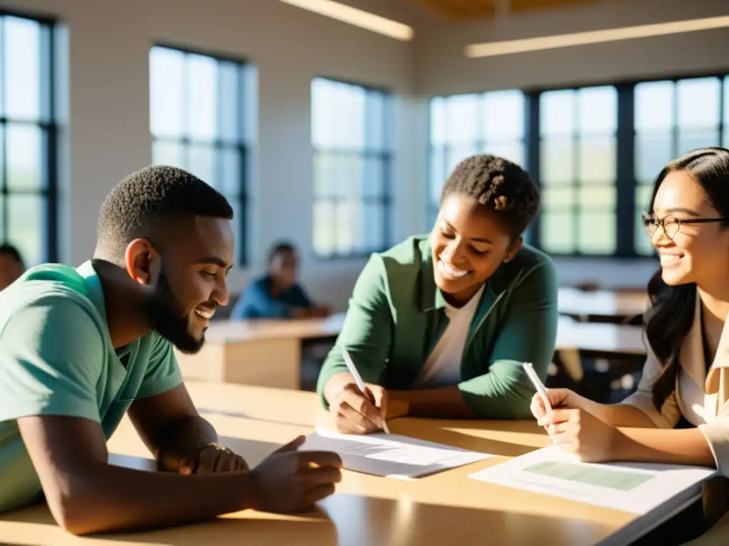 Estudiantes colaborando en diseño de molino eólico en aula iluminada por el sol, promoviendo educación energía eólica medio ambiente