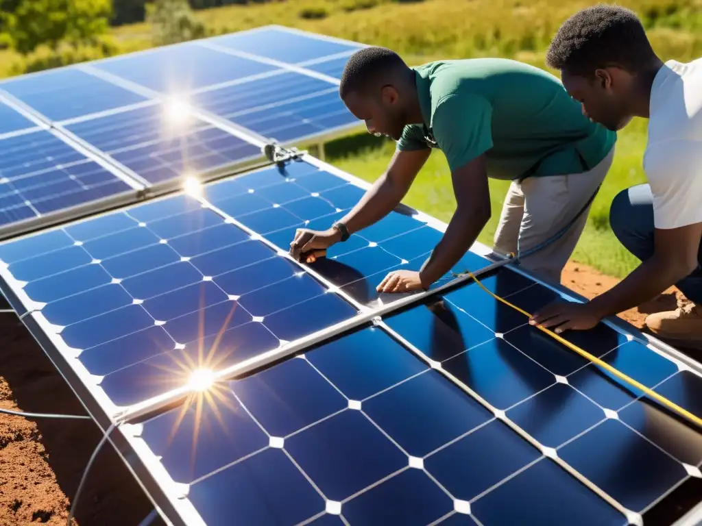 Estudiantes diverso trabajan juntos en la instalación de paneles solares, demostrando precisión y determinación en programas de energías renovables para un hogar sostenible