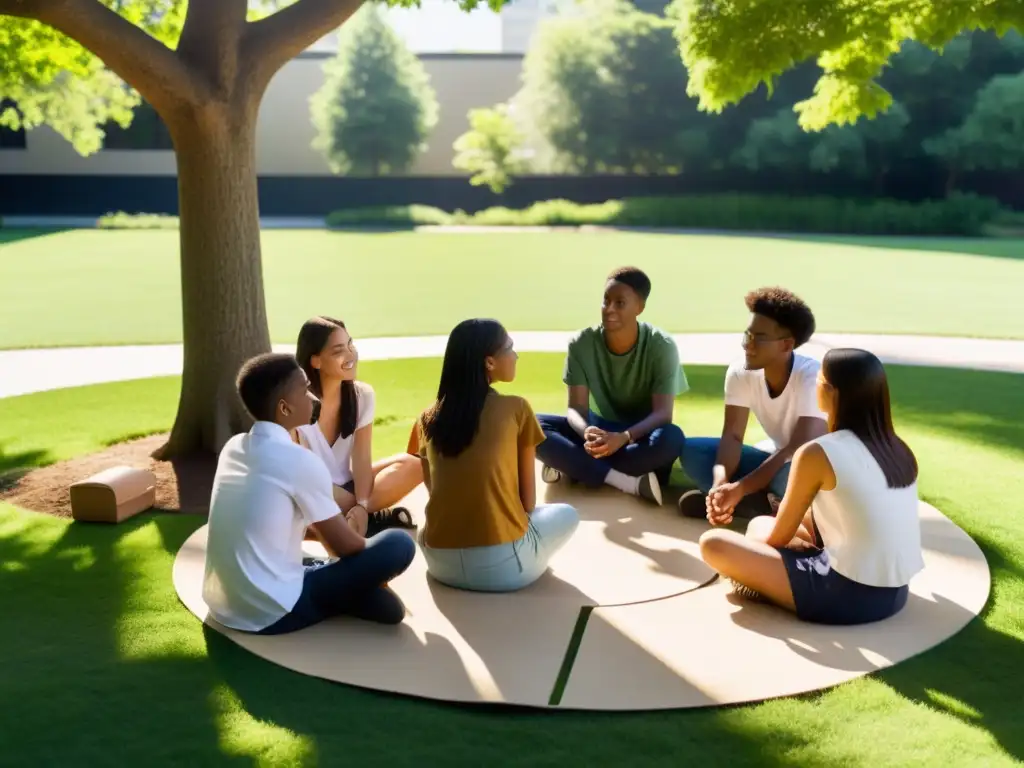 Estudiantes debaten sobre energía renovable en un círculo al aire libre, resaltando la importancia de la educación en políticas energéticas