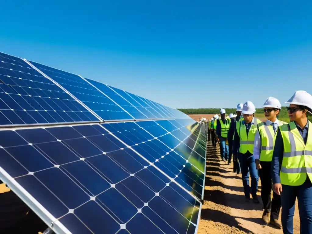 Estudiantes en excursiones energías renovables sostenibles, aprenden en planta solar bajo cielo azul