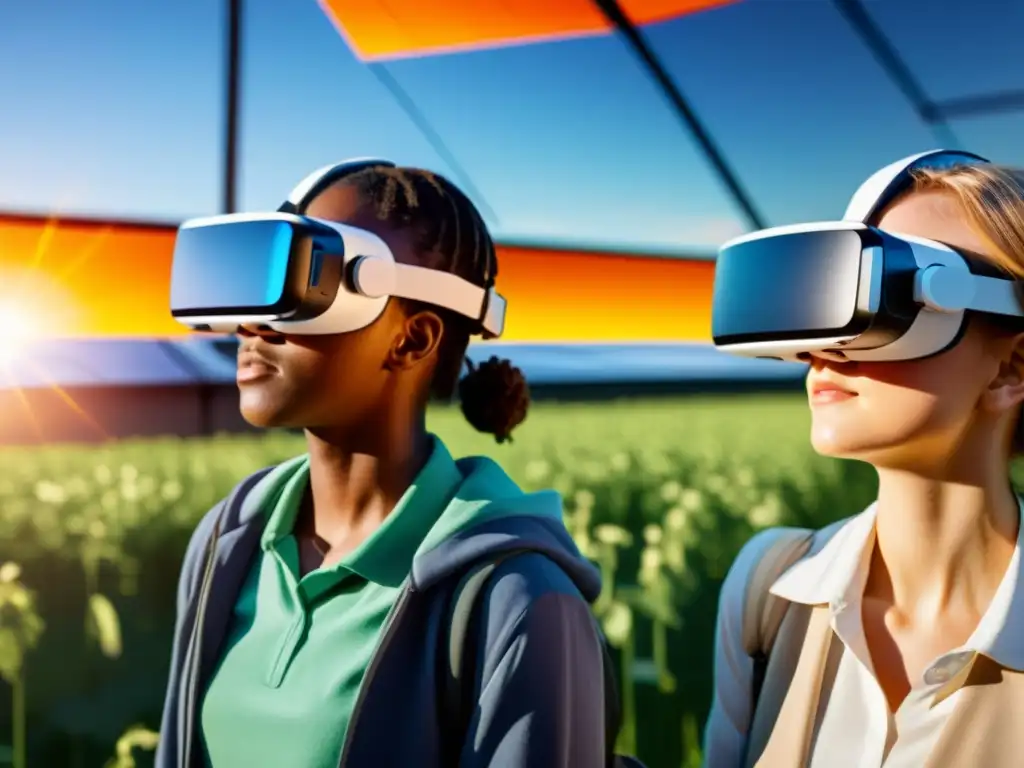 Estudiantes disfrutan de experiencias inmersivas en energías limpias mientras exploran un campo solar en realidad virtual