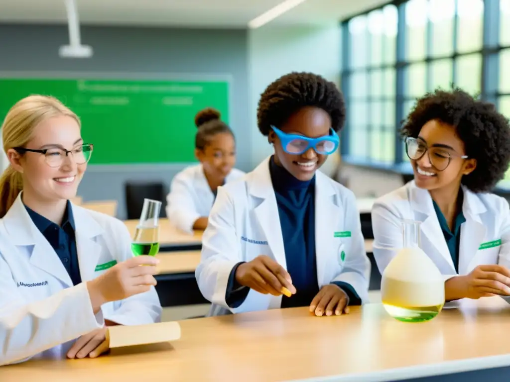 Estudiantes colaborando en experimento de bioenergía en aula moderna