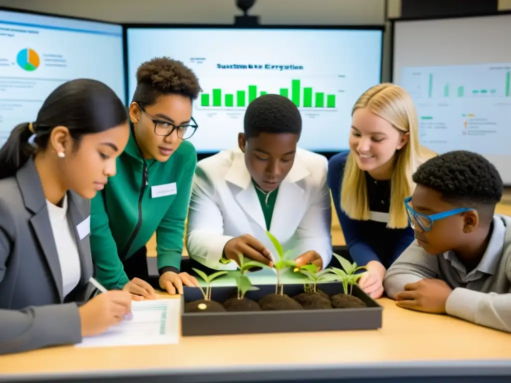 Estudiantes colaboran en experimento de bioenergía sostenible en aula moderna, enfocados en educación en bioenergía sostenible