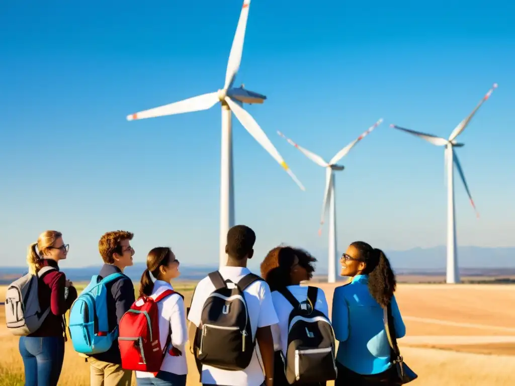 Estudiantes observan un gran aerogenerador en una excursión de energías renovables sostenibles bajo el sol brillante