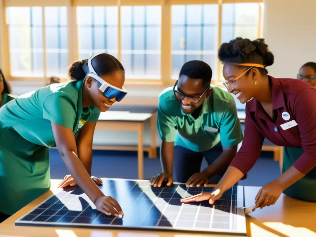 Estudiantes colaborando en la instalación de un panel solar en un aula luminosa