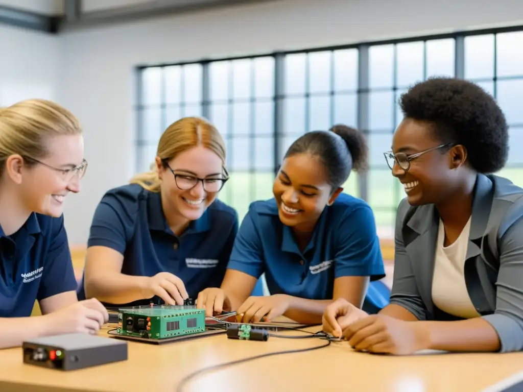 Estudiantes trabajan juntos en un microgrid con su profesor en un aula moderna y luminosa