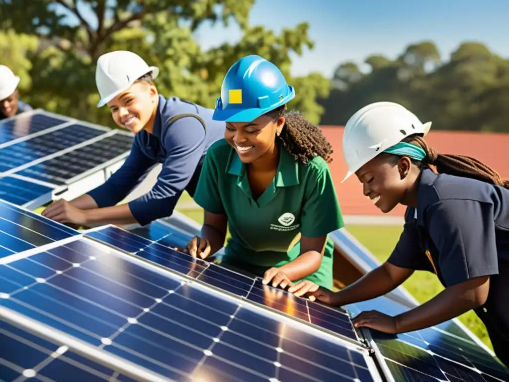 Estudiantes trabajan juntos para instalar paneles solares en la escuela, mostrando iniciativas escolares energía sostenible en acción