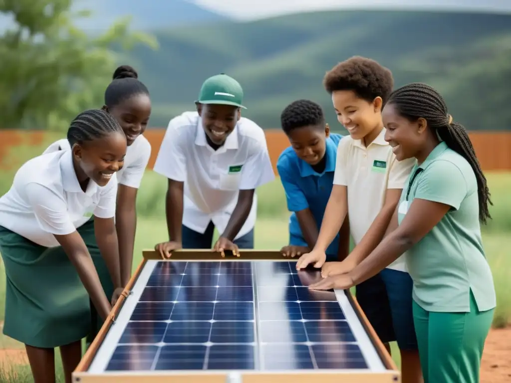 Estudiantes colaborando en montaje de panel solar, en actividad educativa