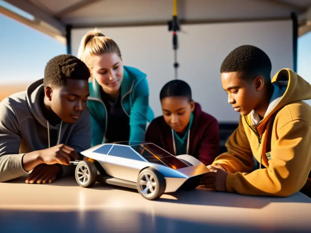 Estudiantes colaborando en proyecto de coche solar, rodeados de herramientas y materiales de energía renovable