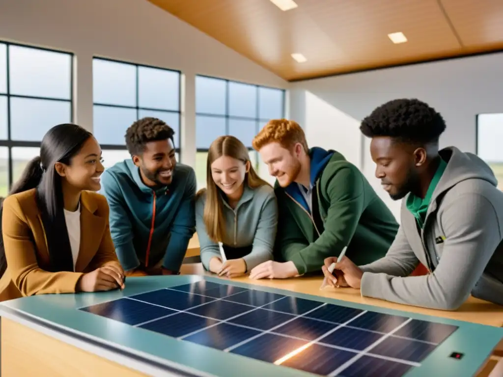 Estudiantes colaborando en proyecto de energías renovables con panel solar en aula moderna