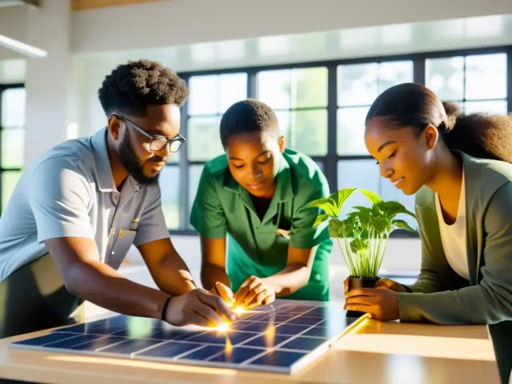 Estudiantes colaborando en proyecto de paneles solares en aula moderna, integración energías renovables currículo escolar