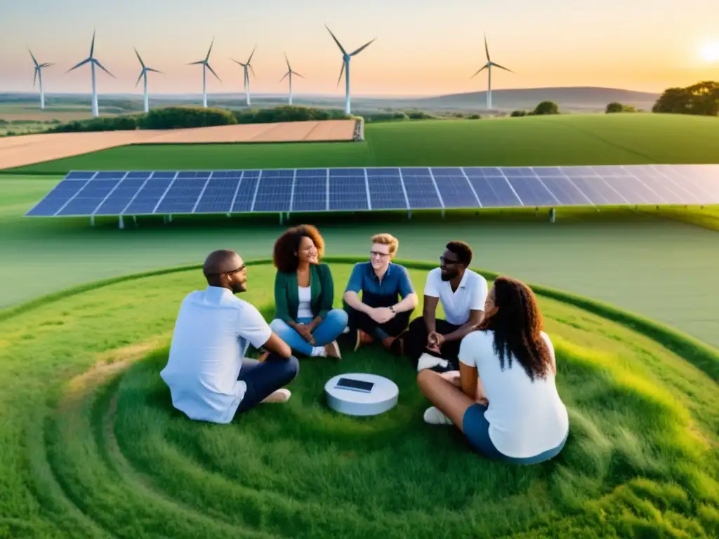 Estudiantes colaborando en proyectos de energías renovables en un campo verde, rodeados de paneles solares y turbinas eólicas al atardecer