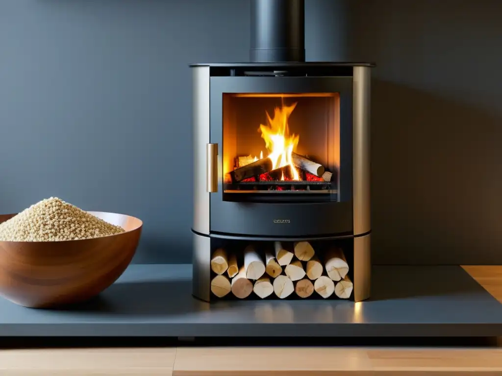 Estufa moderna con pellets de madera, iluminación suave y ambiente acogedor