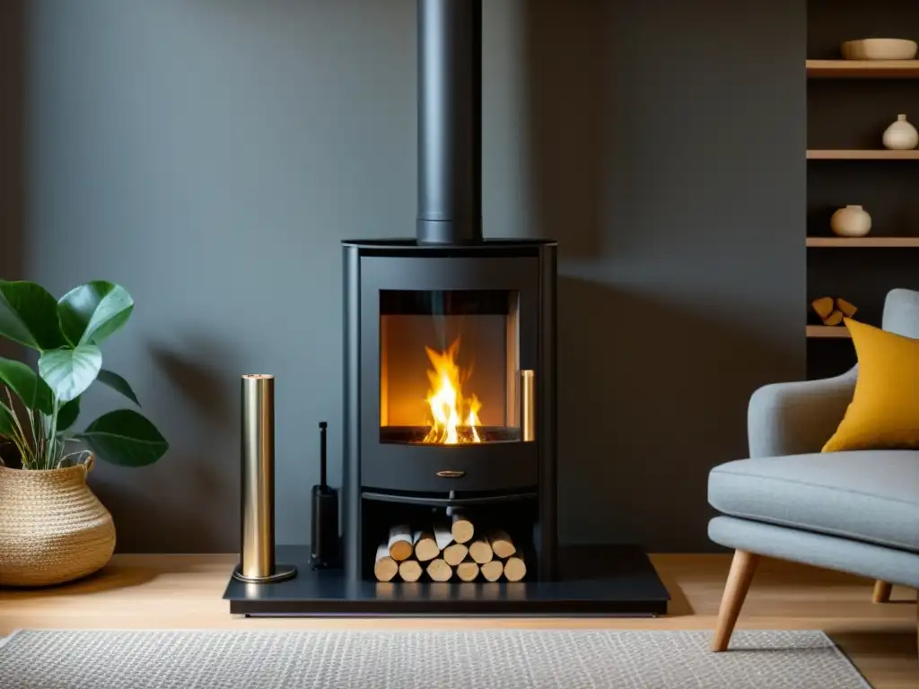 Una estufa de pellets de biomasa en un acogedor salón, iluminado por la cálida luz del fuego