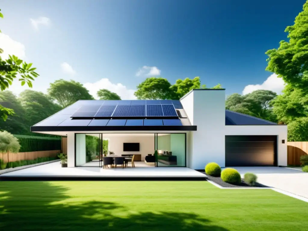 Interpretación de etiquetado energético en hogar: Casa moderna con tecnología inteligente, electrodomésticos eficientes y paneles solares, rodeada de vegetación exuberante y bañada en luz natural