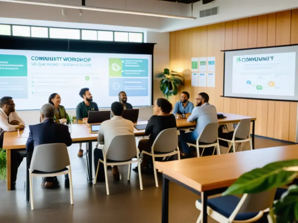 Evento de sensibilización sobre energía limpia en taller comunitario con luz natural, participantes colaborativos y material educativo