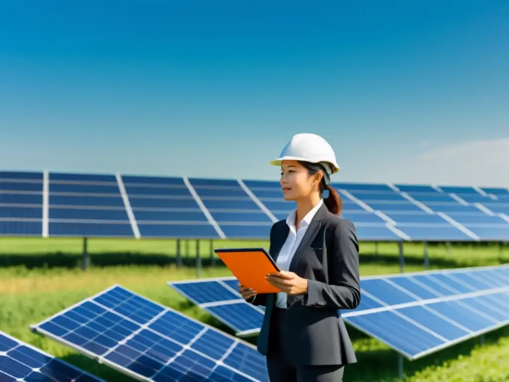 Un experto en energía solar inspecciona paneles en un campo