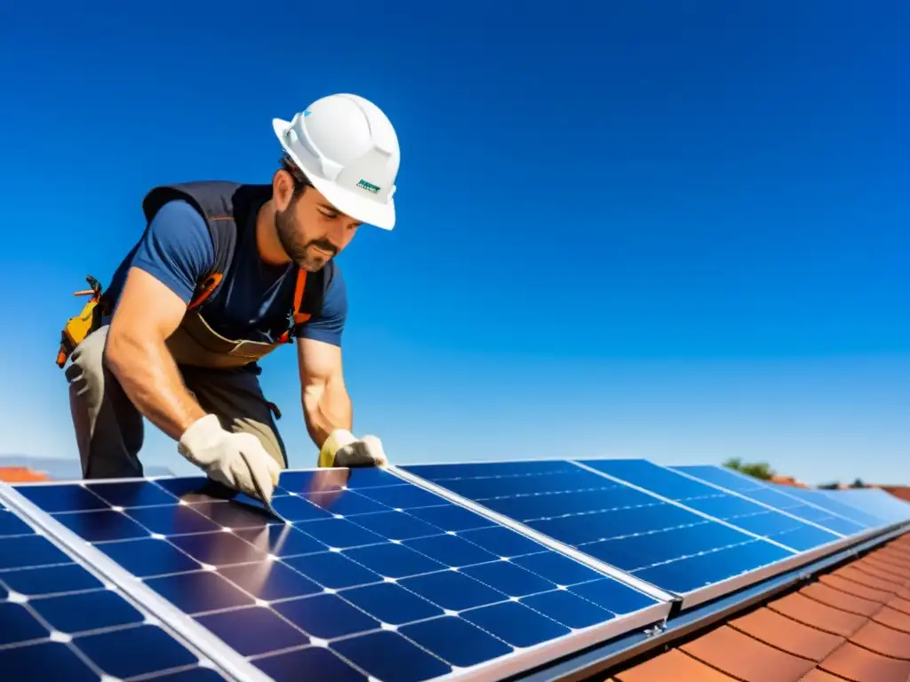 Un experto instala un panel solar en un tejado residencial bajo un cielo azul