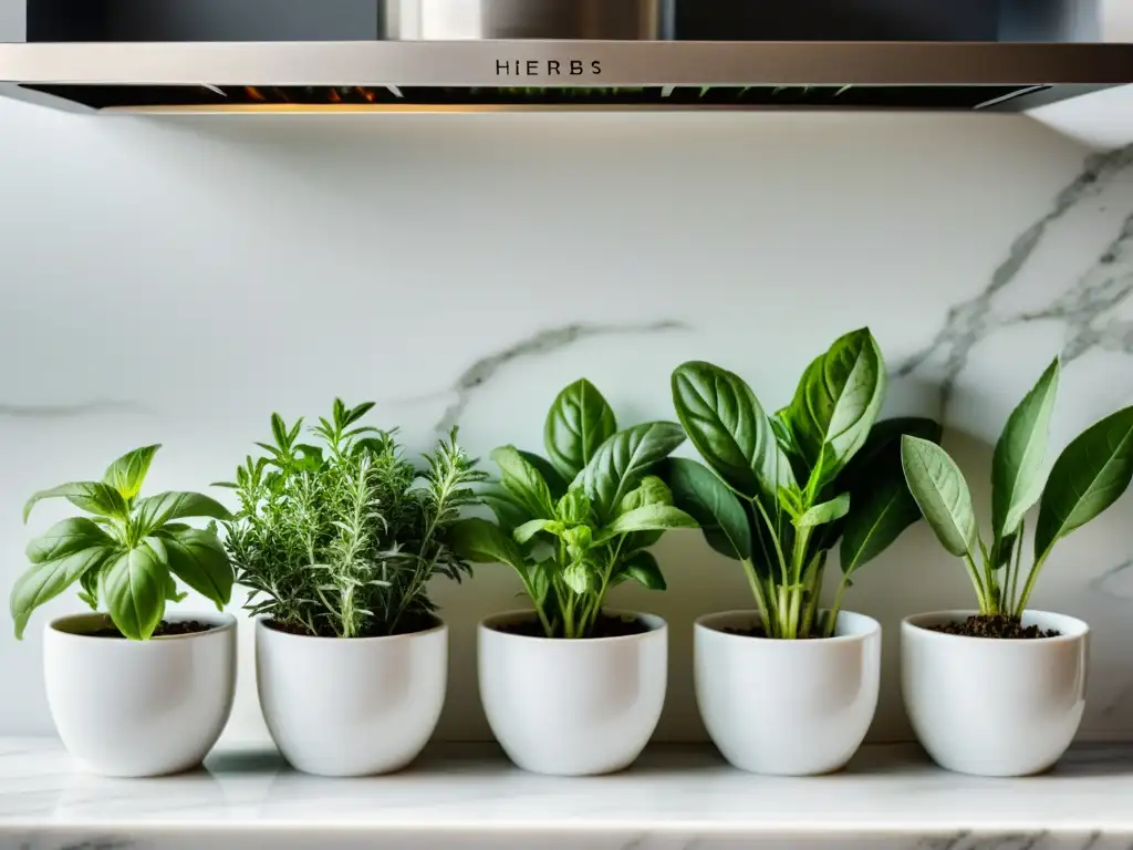 Una exquisita variedad de hierbas aromáticas frescas y vibrantes, organizadas con elegancia en una cocina moderna