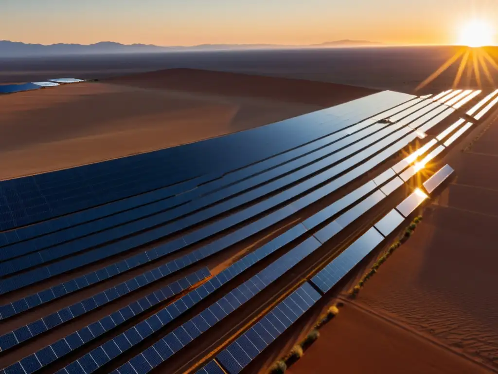 Un extenso campo de paneles solares en el desierto al atardecer, simbolizando la colaboración internacional en proyectos de energía renovable