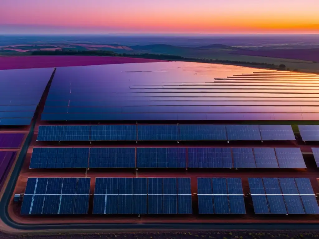 Un extenso campo solar al atardecer, con paneles fotovoltaicos reflejando la luz dorada