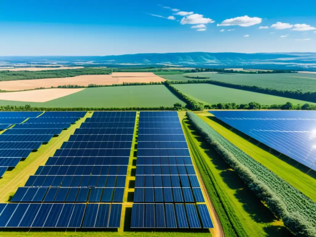 Un extenso campo solar con paneles brillantes, integrando energía limpia y naturaleza