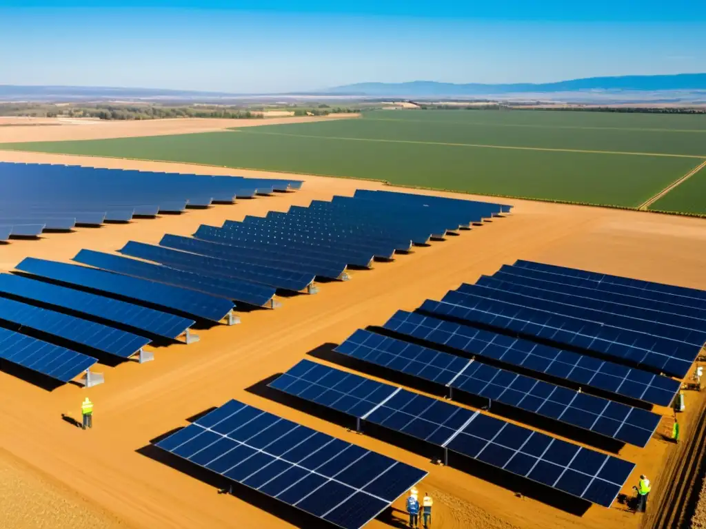 Un extenso campo solar con paneles fotovoltaicos bajo un cielo azul claro