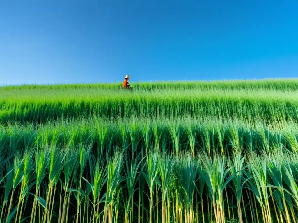 Un extenso campo verde de hierba miscanthus se extiende bajo un cielo azul claro