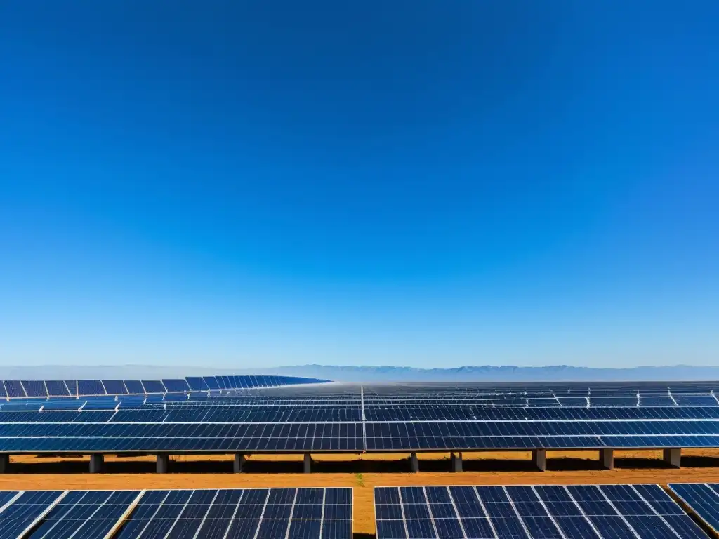 Un extenso y moderno campo solar bajo un cielo azul claro, evocando la colaborativa política energía solar